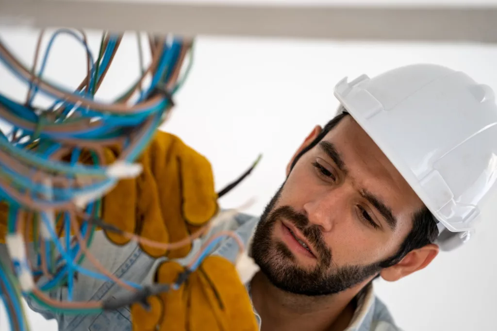 Electrician mounting wiring for electric sockets on the construction site of a new house.